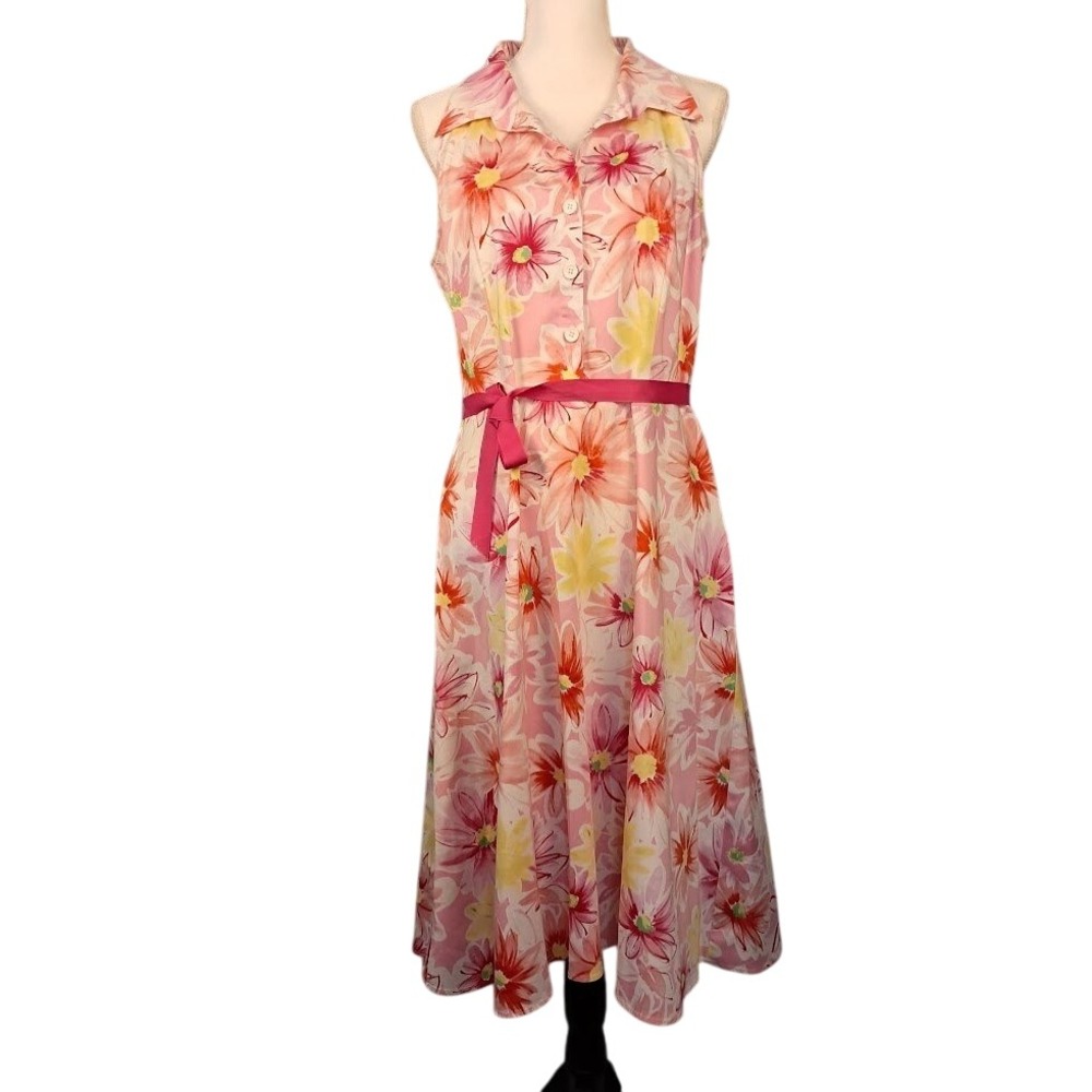 Vintage 90s‎ SCARLETT 14 Floral Sleeveless Shirt Dress Pink Yellow Cottagecore
